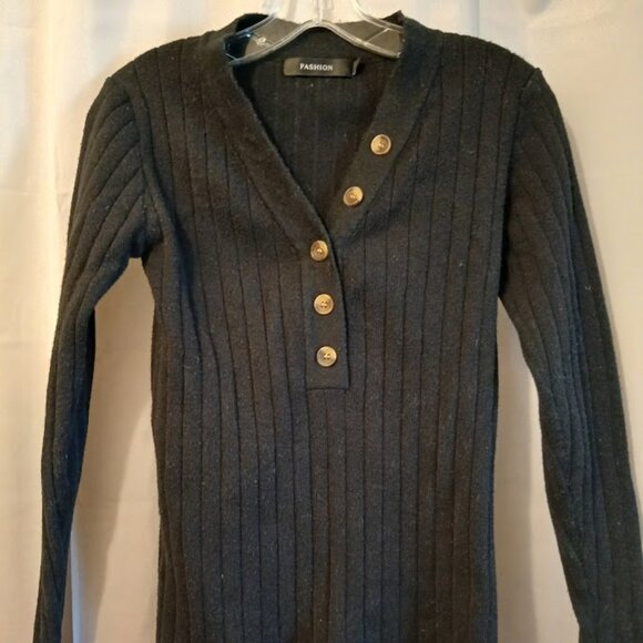 FASHION Brand Ribbed knit V-neck Henley Pullover sweater Jr. Small Black Long Sl - Picture 1 of 8